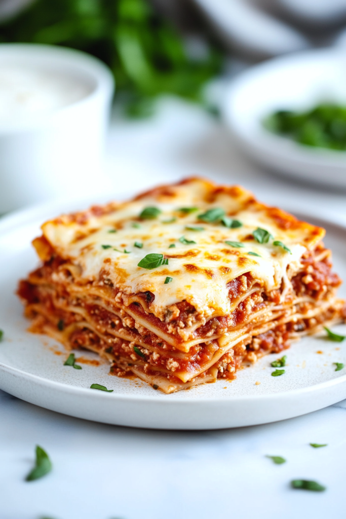 Layered lasagna slice with golden melted cheese and fresh herbs on top.