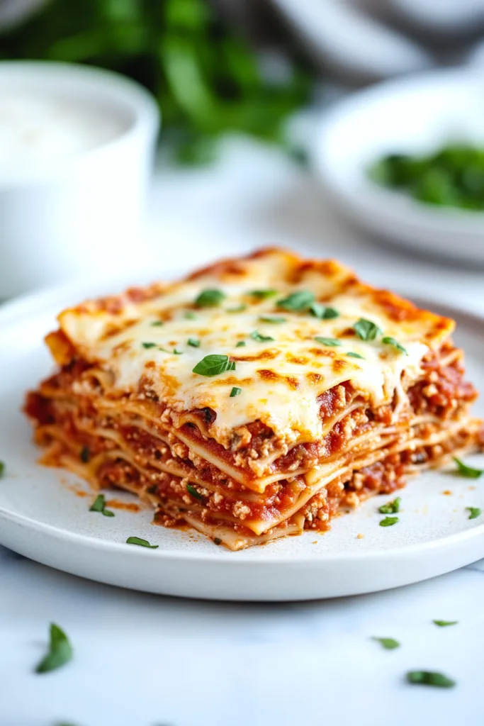 Layered lasagna slice with golden melted cheese and fresh herbs on top.