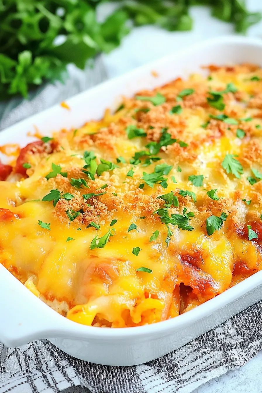 Savory baked pasta portion highlighting its creamy texture and vibrant colors.