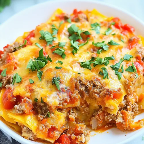 Layered pasta bake with melted cheese and fresh herbs on top.