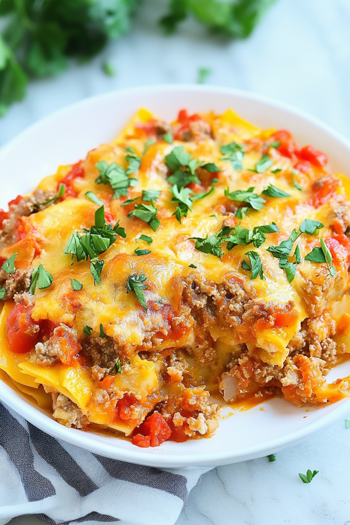 Layered pasta bake with melted cheese and fresh herbs on top.
