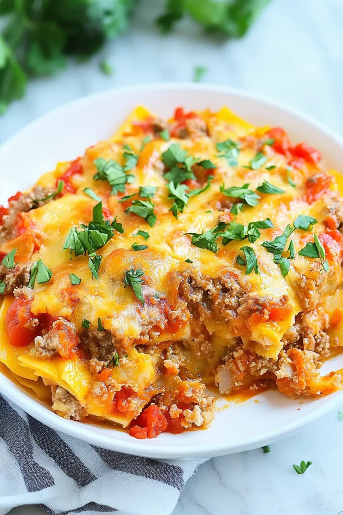 Layered pasta bake with melted cheese and fresh herbs on top.