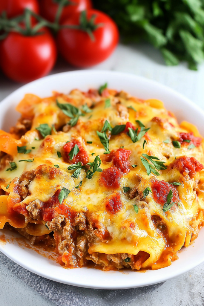 Rich casserole with bubbling cheese and tomato sauce, styled with fresh vegetables nearby.
