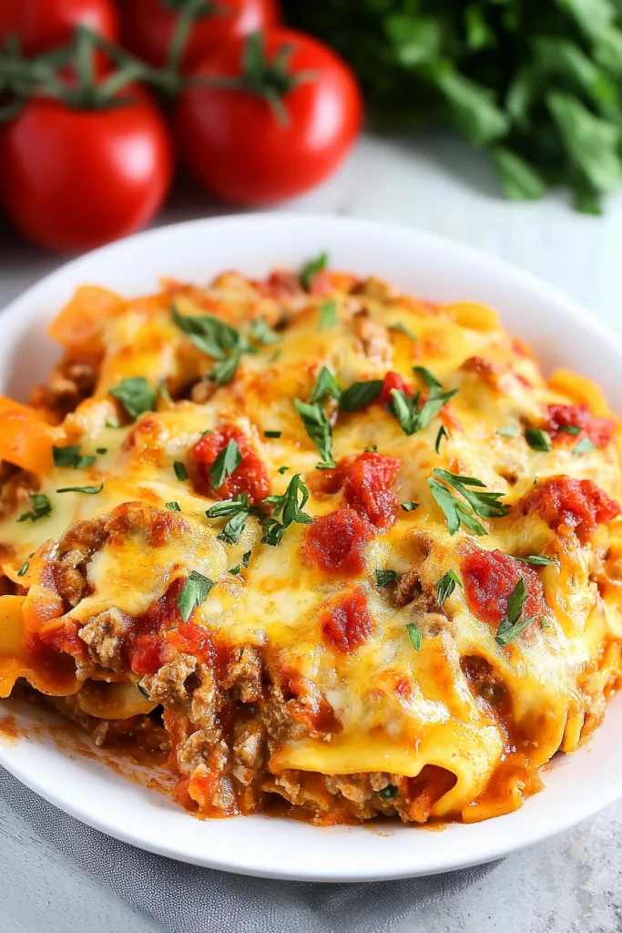 Rich casserole with bubbling cheese and tomato sauce, styled with fresh vegetables nearby.
