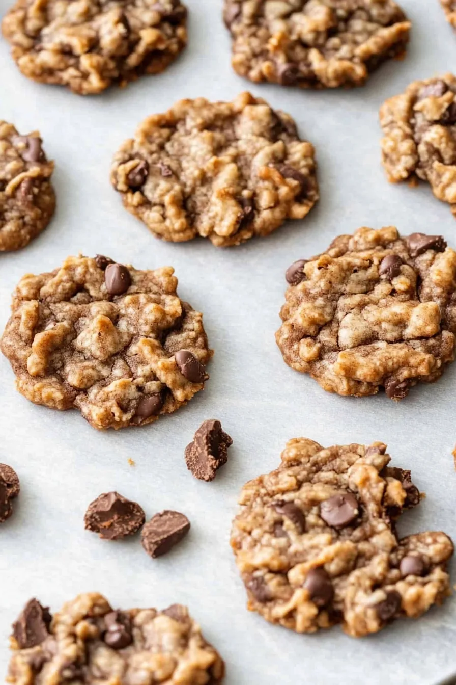 Freshly baked oatmeal cookies with chocolate chips scattered on parchment paper.