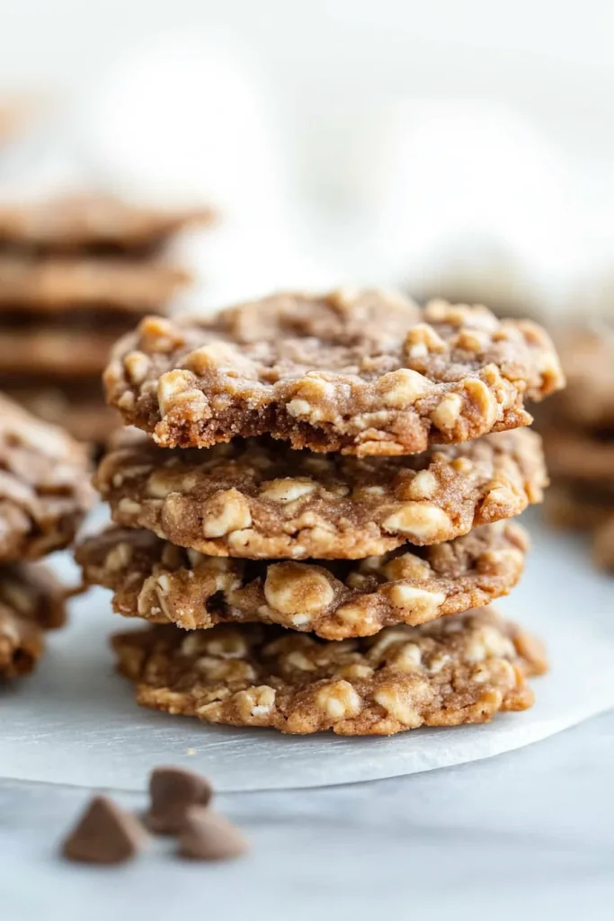 Stack of cookies highlighting their textured surface and gooey chocolate pieces.