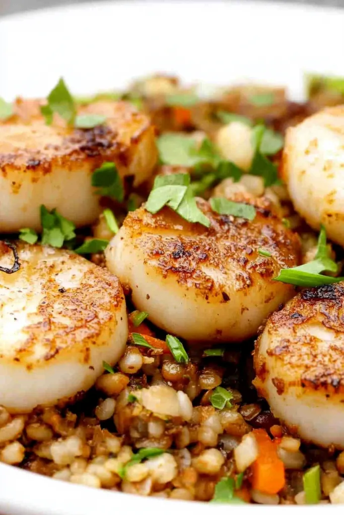 Seared scallops arranged neatly on hearty pilaf