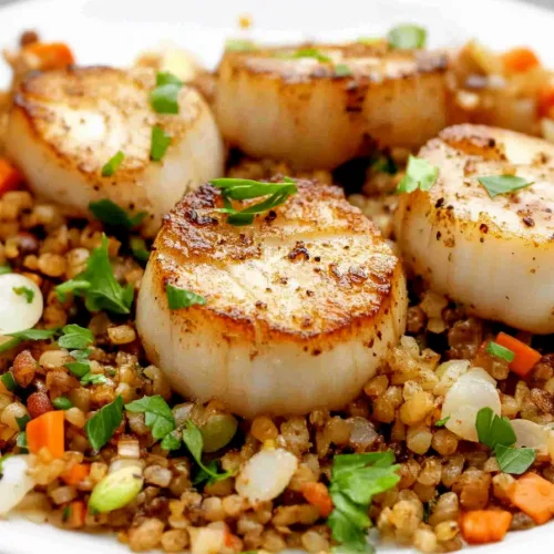 Plated seafood dish with vibrant grain pilaf and herb topping
