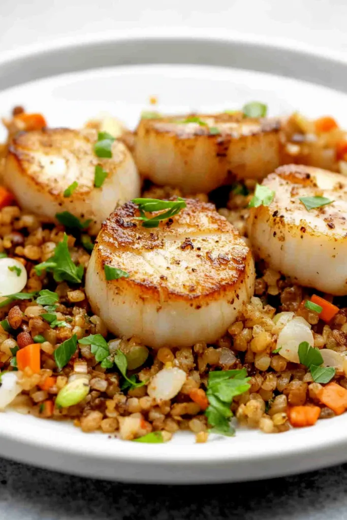 Plated seafood dish with vibrant grain pilaf and herb topping