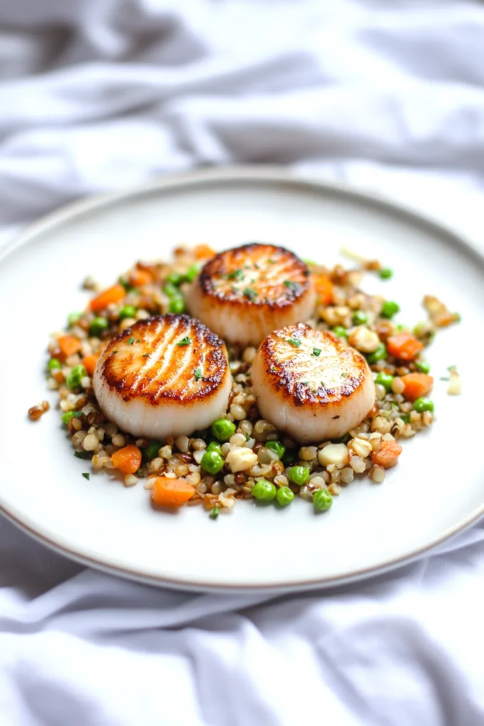 Elegant plate of scallops garnished with fresh herbs