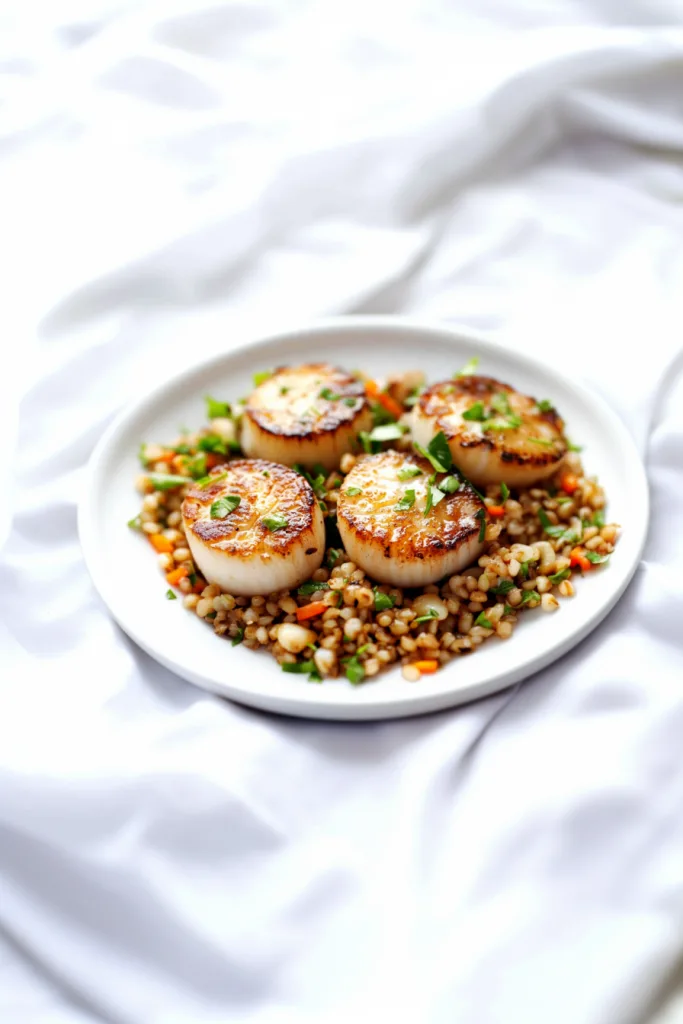 Pan-seared scallops with golden crust served over colorful grains