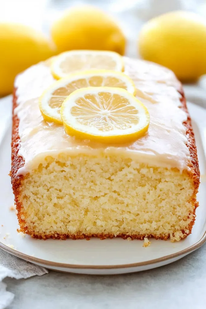 Moist lemon cake on a white plate with whole lemons in background