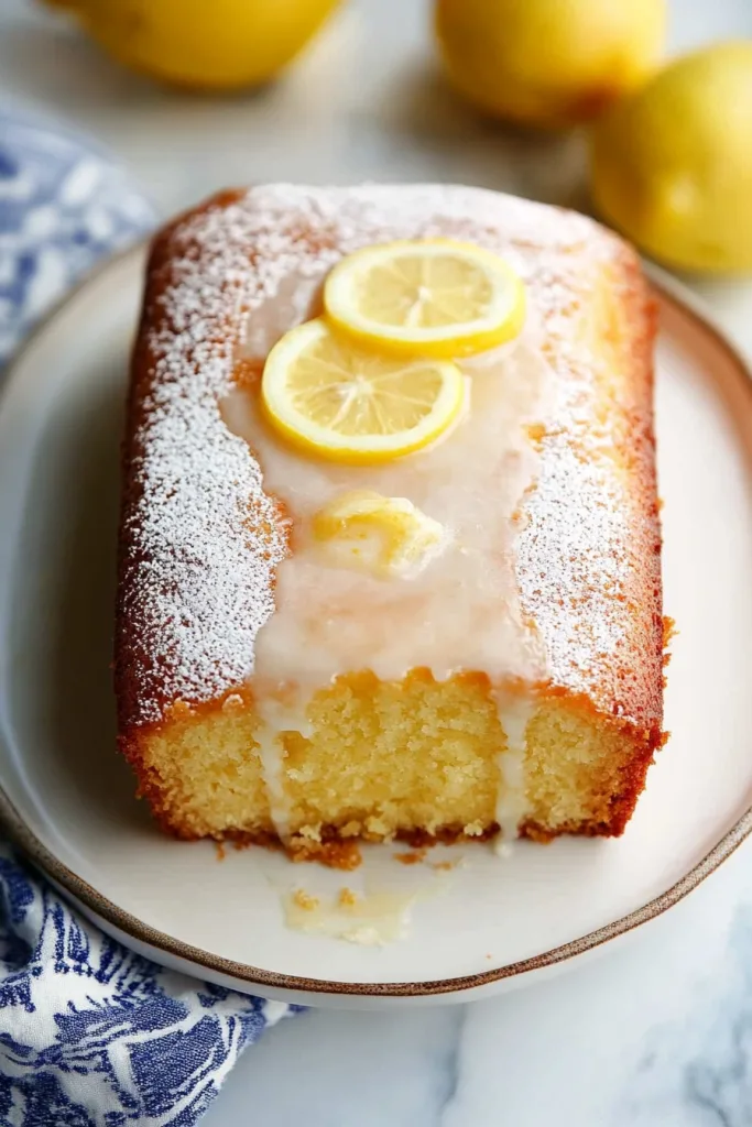 Loaf of lemon cake topped with glaze and fresh lemon slices