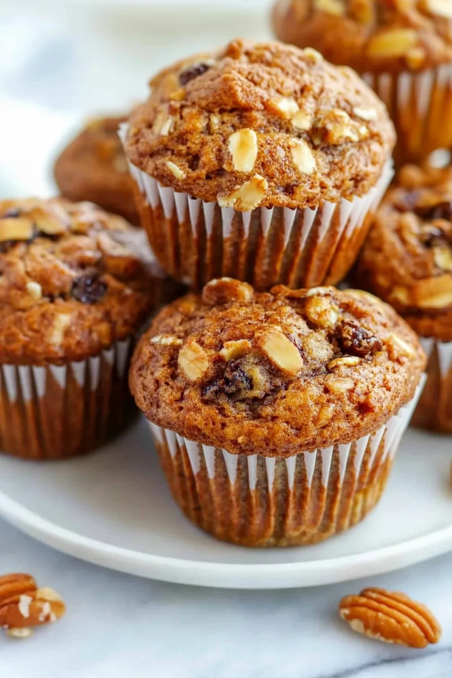 Golden-brown muffins topped with sliced almonds and nuts in white paper liners