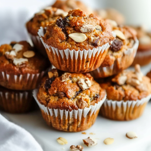Batch of homemade muffins with nutty topping arranged neatly on a serving plate