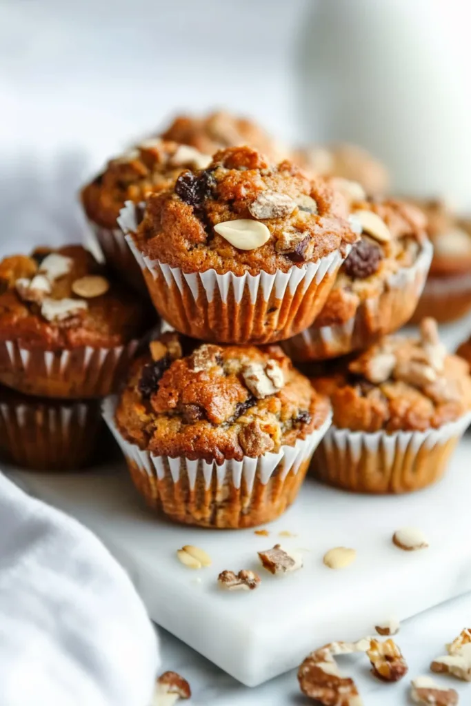 Batch of homemade muffins with nutty topping arranged neatly on a serving plate