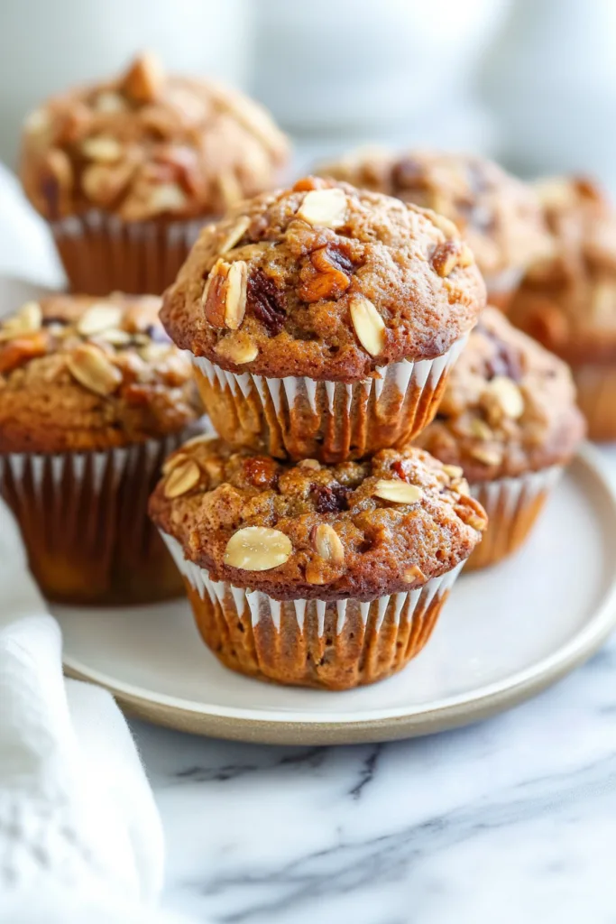 Freshly baked morning glory muffins stacked on a plate with textured nut topping