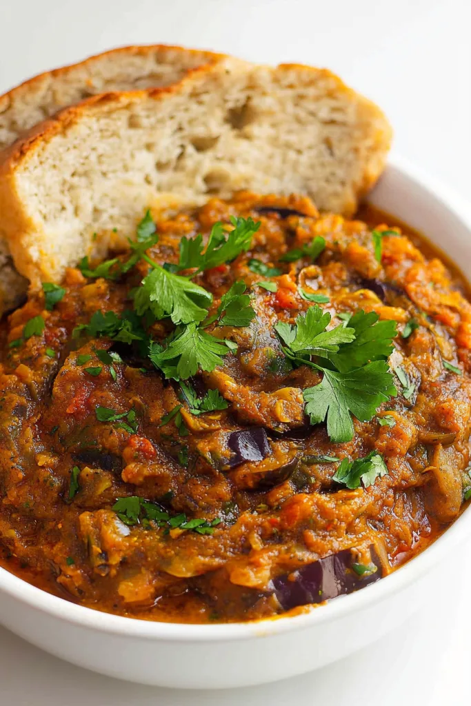 Thick, savory vegetable dip with a glossy finish, paired with golden bread on the side.