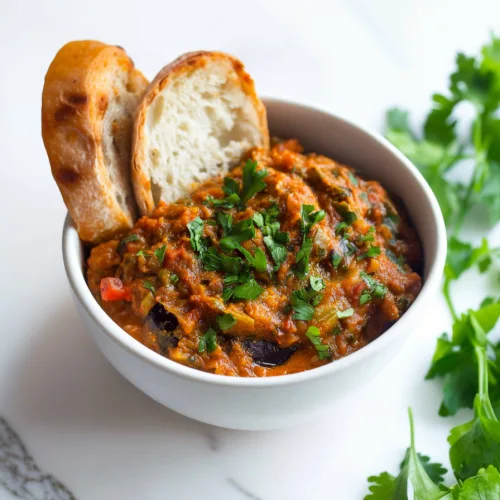 A rustic bowl of smoky eggplant dip topped with fresh parsley, served alongside crusty bread slices.