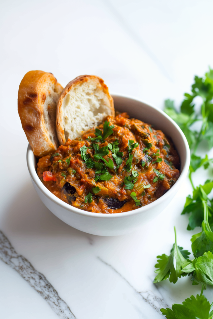 A rustic bowl of smoky eggplant dip topped with fresh parsley, served alongside crusty bread slices.