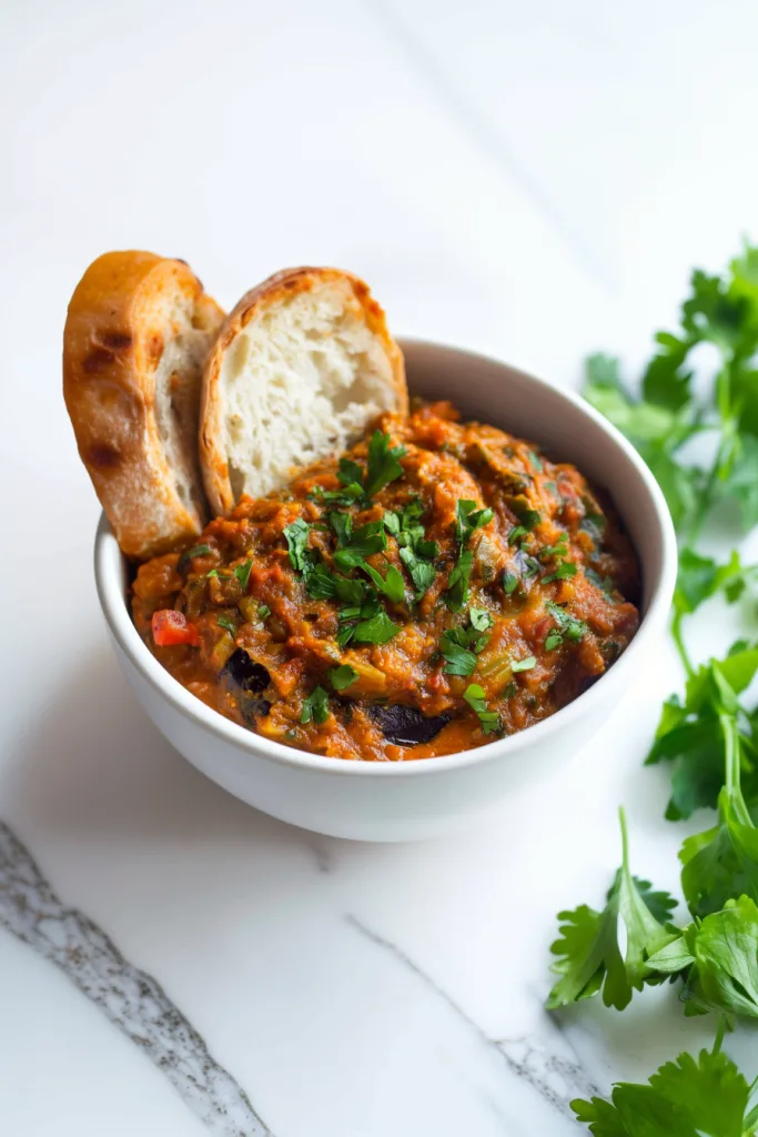 A rustic bowl of smoky eggplant dip topped with fresh parsley, served alongside crusty bread slices.