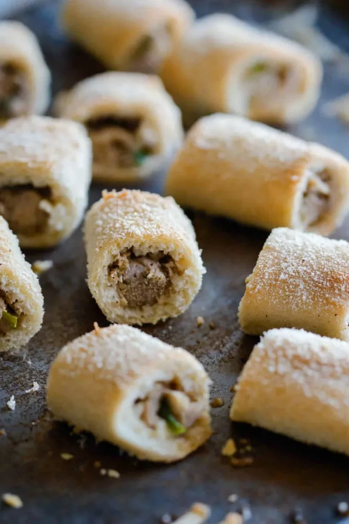 Golden, flaky puff pastry bites filled with a savory mushroom mixture on a baking tray