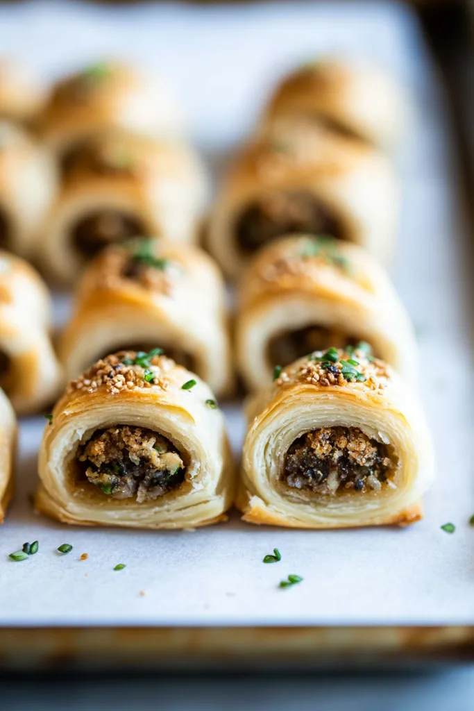 Freshly baked puff pastry rolls stuffed with seasoned mushrooms, served warm