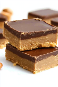 Two dessert bars stacked neatly, showing a glossy chocolate top and crumbly peanut butter base.