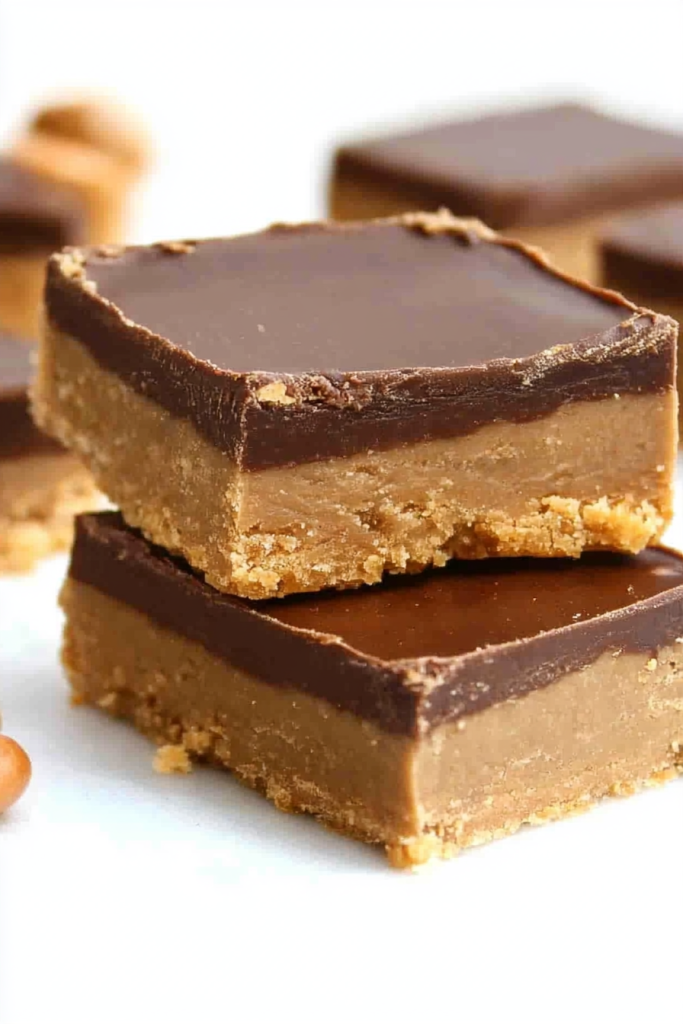 Two dessert bars stacked neatly, showing a glossy chocolate top and crumbly peanut butter base.