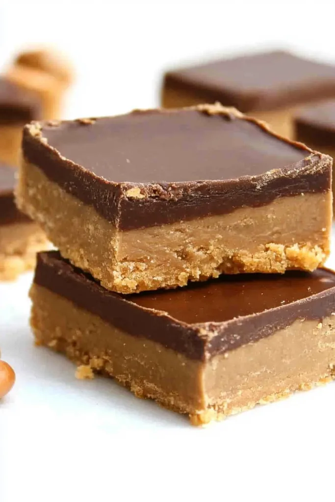Two dessert bars stacked neatly, showing a glossy chocolate top and crumbly peanut butter base.