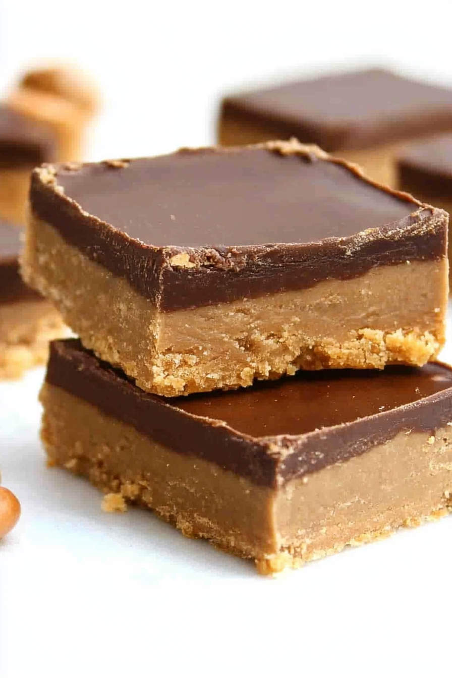Two dessert bars stacked neatly, showing a glossy chocolate top and crumbly peanut butter base.