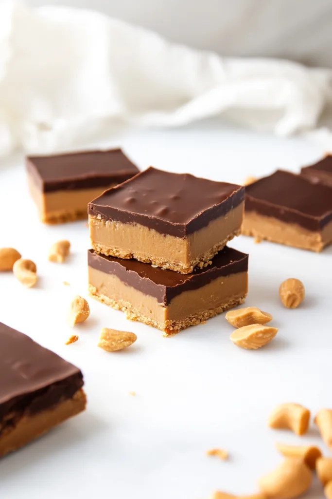 Square bars with smooth chocolate layers contrasting against a dense, golden peanut butter bottom.