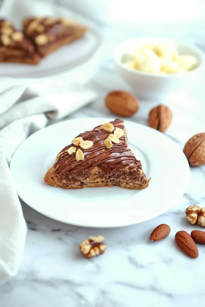 Triangular baked scone slice drizzled with chocolate and topped with nuts.