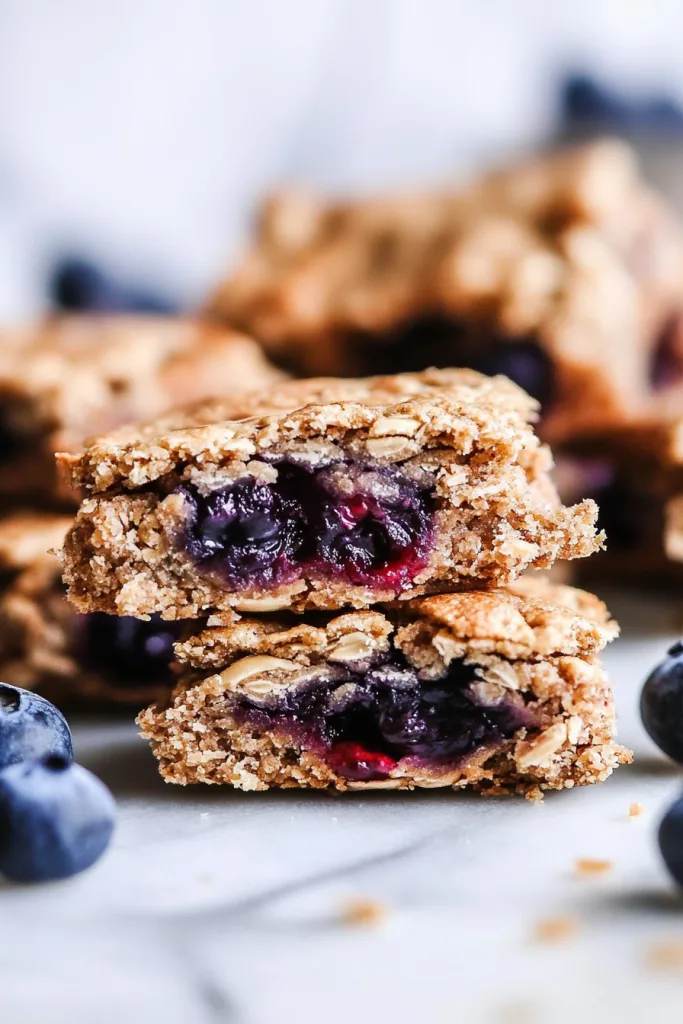 Stacked oat bars with a thick blueberry filling and crumbly golden crust.