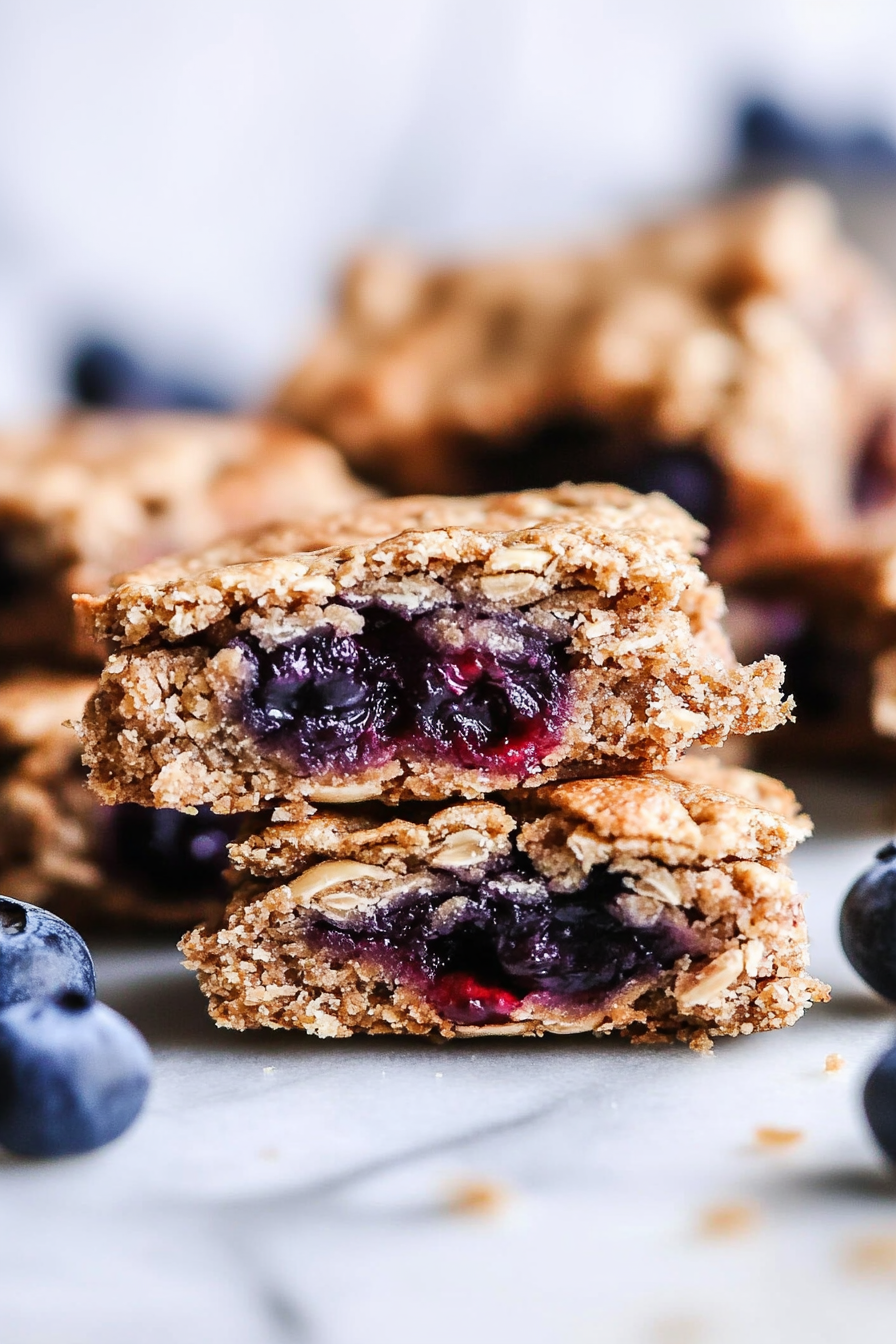 Stacked oat bars with a thick blueberry filling and crumbly golden crust.