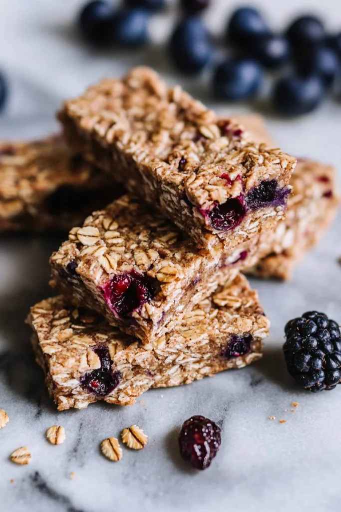 Golden-brown bars with visible oats and a rich fruit layer in the middle.