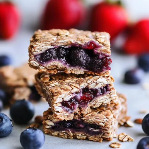 Close-up of fruit-filled bars showing the deep purple center against crisp oat layers.