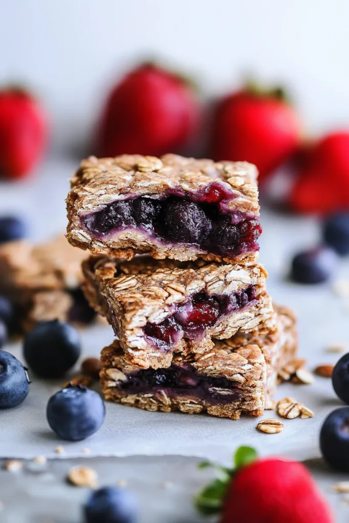 Close-up of fruit-filled bars showing the deep purple center against crisp oat layers.