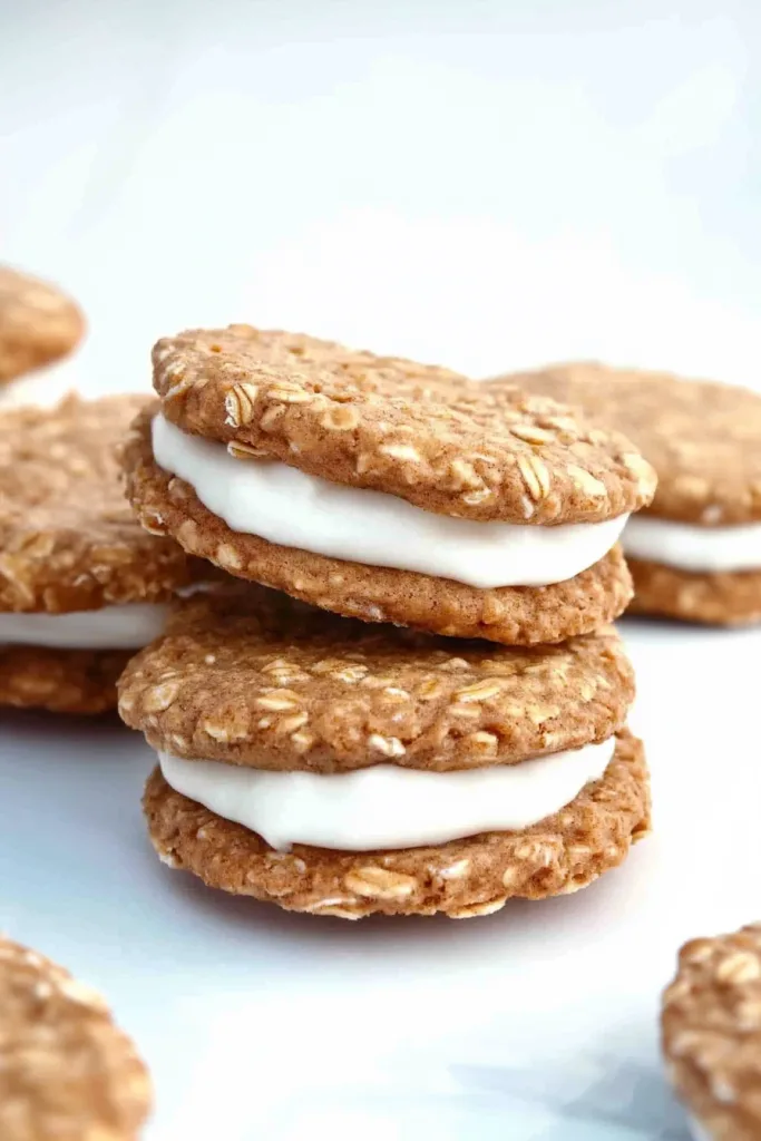 Stack of golden oatmeal sandwich cookies with creamy filling showing between layers