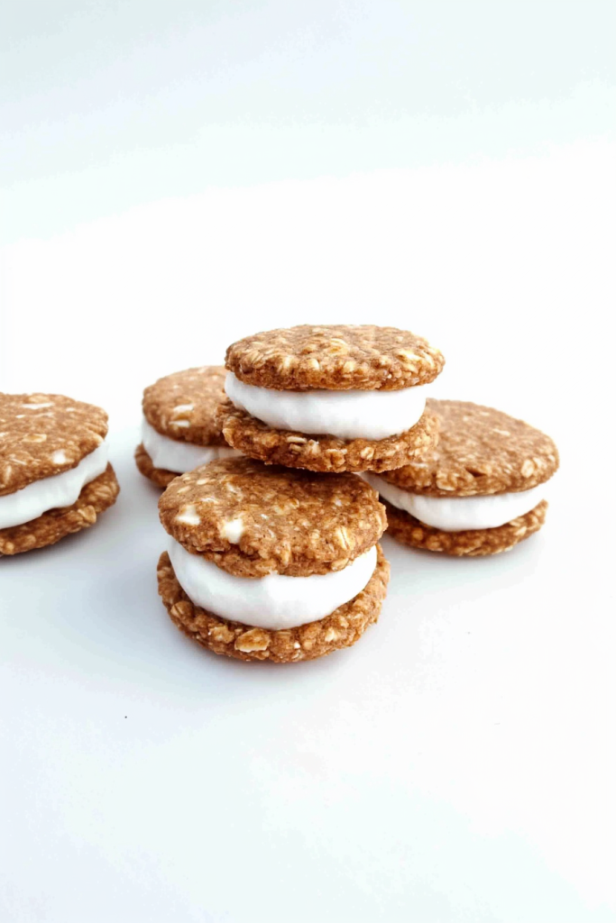 Neatly arranged cookies with crisp edges and a thick layer of cream peeking out