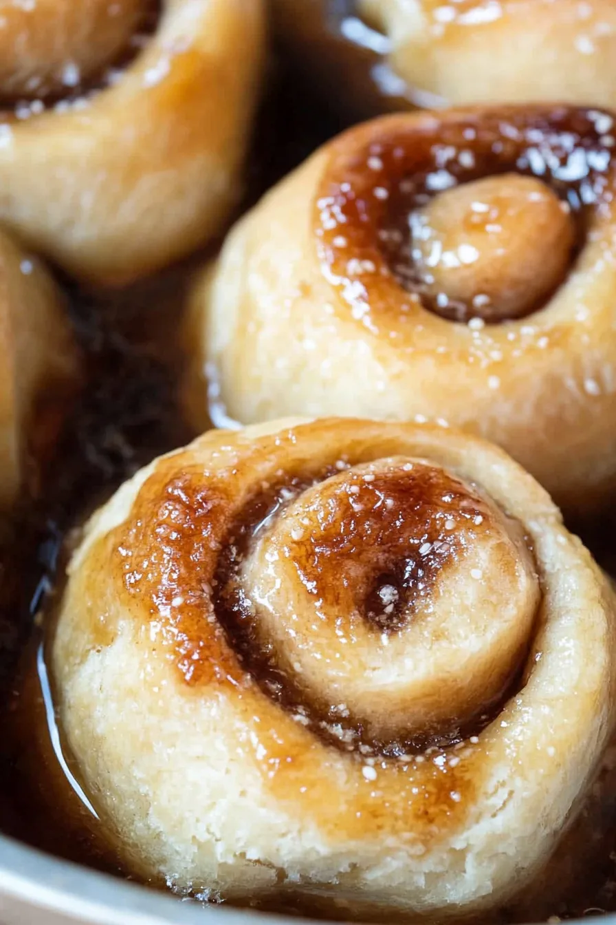 Freshly baked sweet spiral rolls coated in a glossy brown sugar glaze.