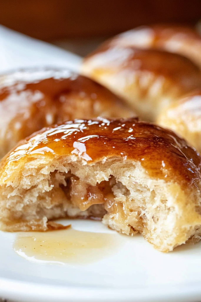 A single roll broken open to reveal fruit filling and tender layers.