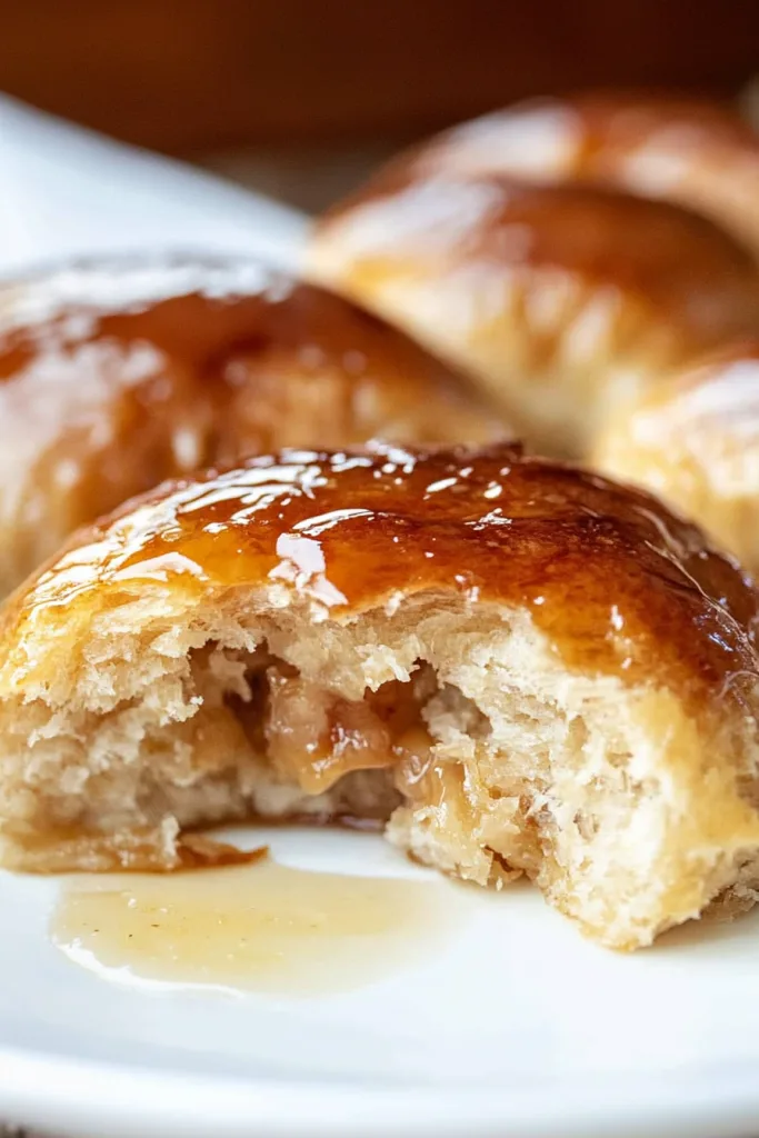 A single roll broken open to reveal fruit filling and tender layers.
