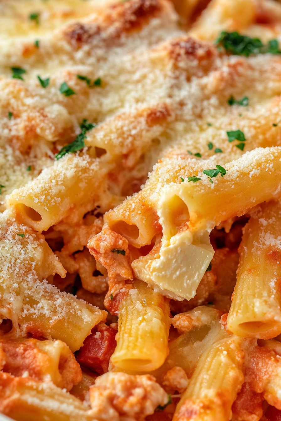 Cheesy baked pasta dish highlighting crisp edges and rich red sauce