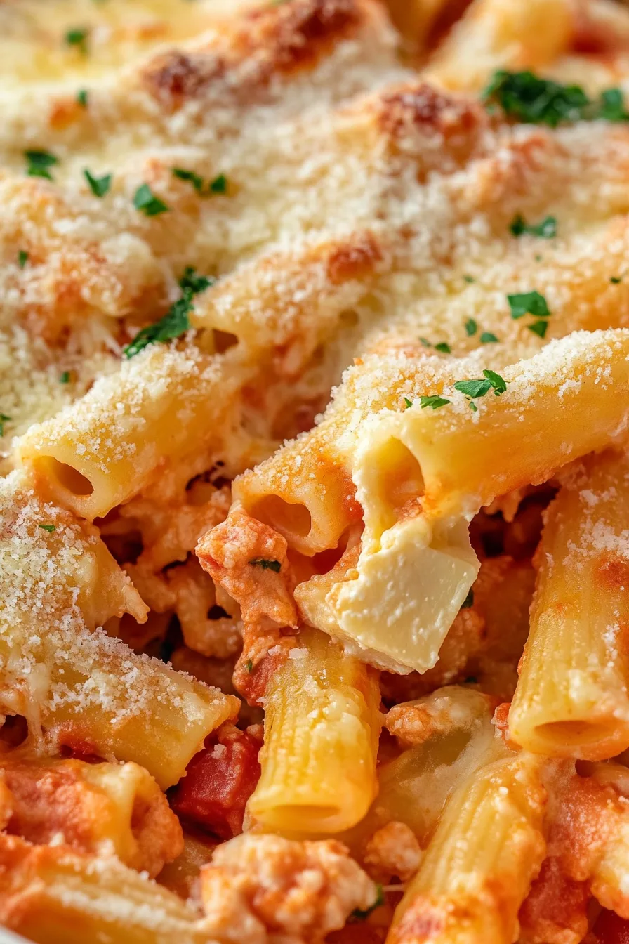 Cheesy baked pasta dish highlighting crisp edges and rich red sauce