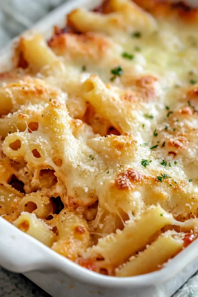 Close-up of golden pasta topped with Parmesan and herbs