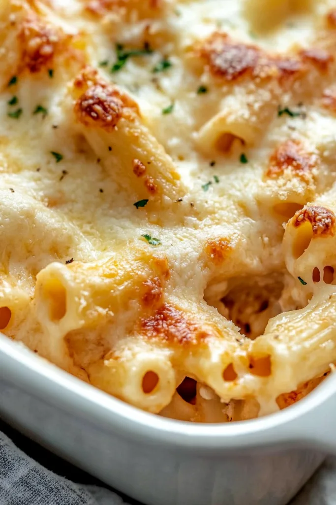 Baked rigatoni covered in melted cheese and tomato sauce, sprinkled with parsley