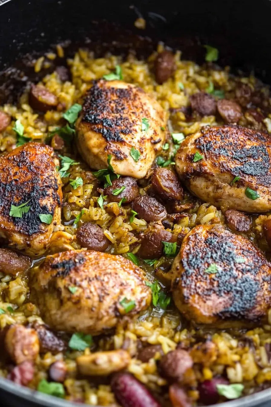 Overhead view of the finished dish showing browned chicken and savory rice.