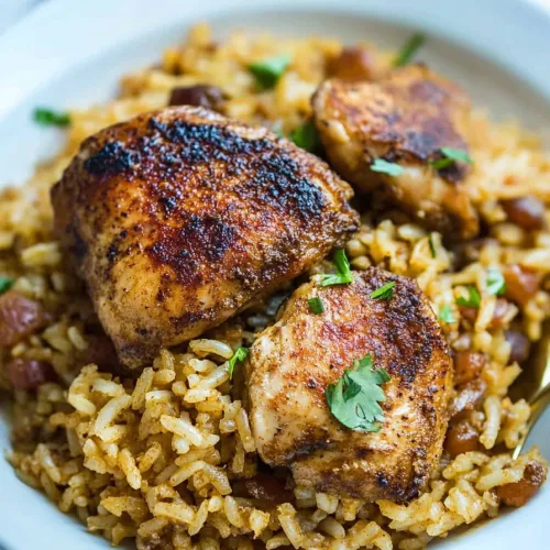 A serving of rice with sausage and herbs topped with pan-seared chicken.