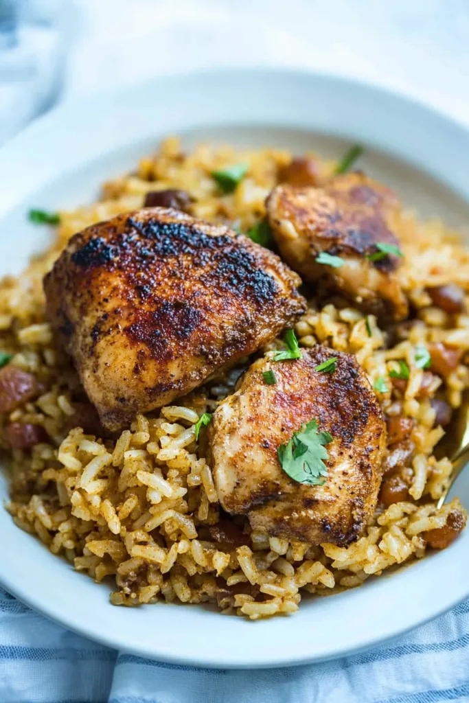 A serving of rice with sausage and herbs topped with pan-seared chicken.